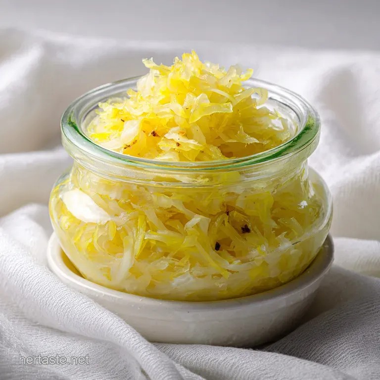 Sauerkraut nestled in a bowl. See the fine strands and slightly translucent quality, hinting at its crisp, pleasantly sour...