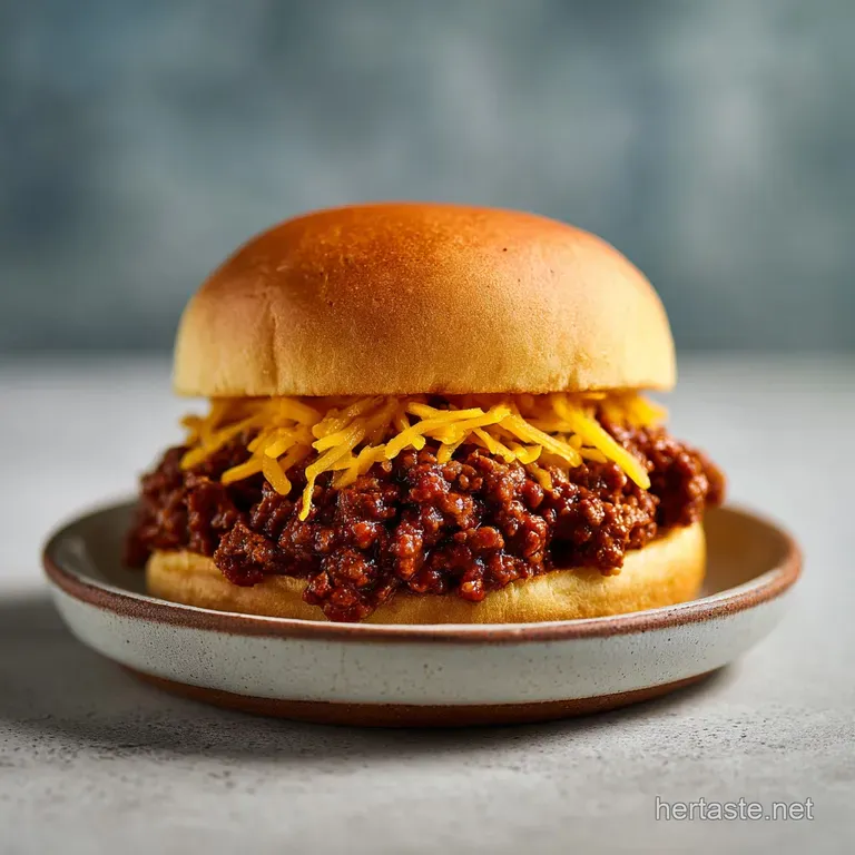 A generously filled, saucy ground beef mixture mounded on a toasted bun, garnished with fresh dill pickles.