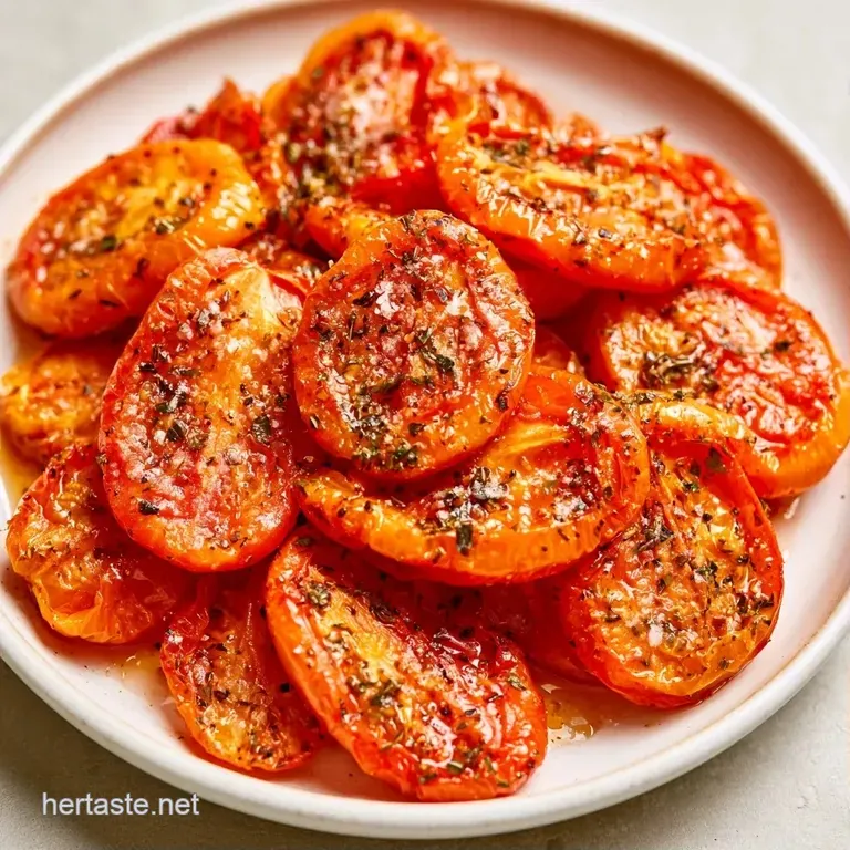 Shriveled red tomato slices arranged on a rustic white plate, drizzled with golden oil and fresh green herbs.