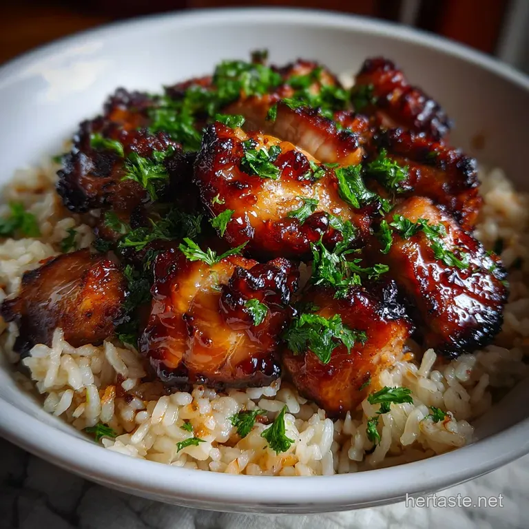 Honey BBQ chicken artfully arranged on rice with peppers, garnished with fresh scallions for a bright and inviting meal.