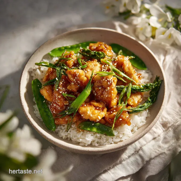 Honey garlic chicken arranged artfully on rice; steam rises, promising warmth and savory-sweet flavors. Chopsticks rest be...