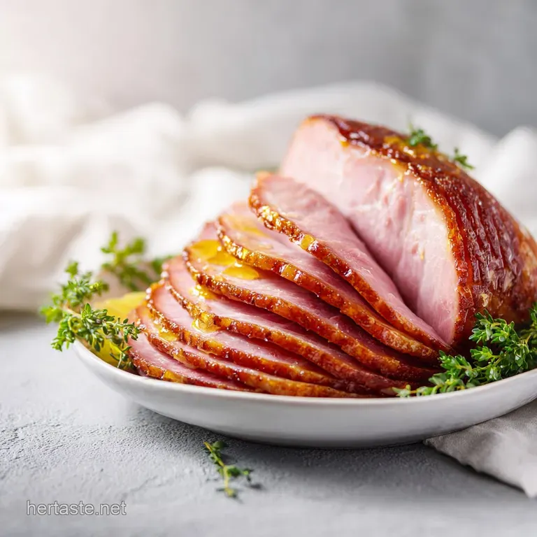 Elegant slice of honey ham with a shiny glaze, placed beside vibrant sides, hinting at a delicious Easter feast.