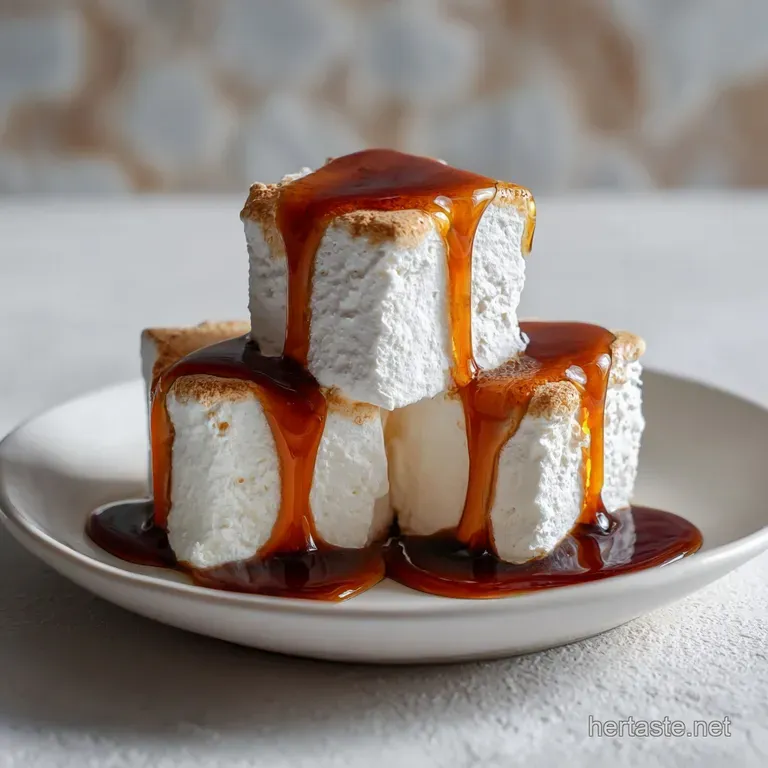 Four stacked homemade marshmallows, drizzled with chocolate sauce on a white plate. A dessert for the sweet tooth.