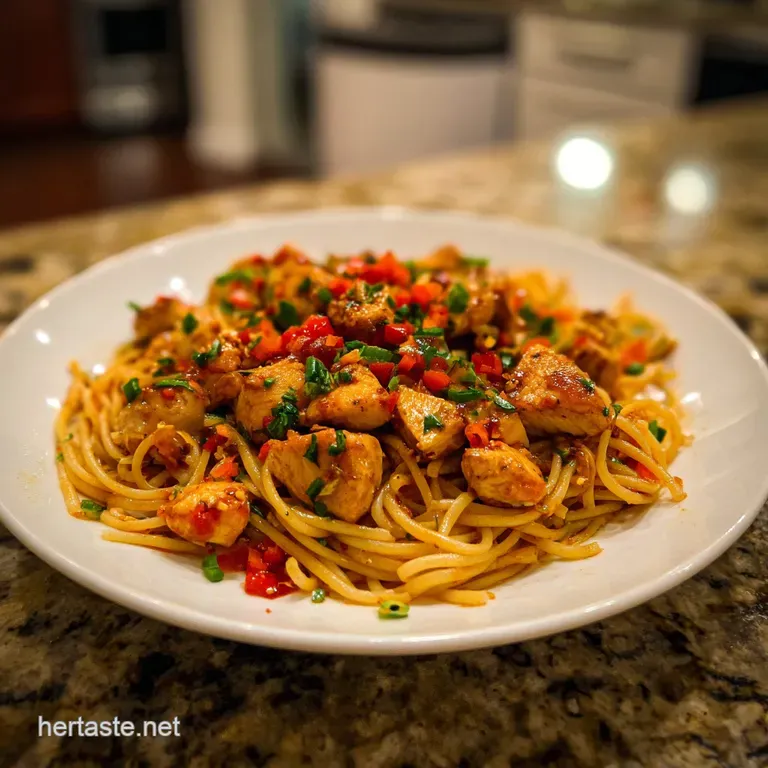Elegant plate of twirled pasta with glistening honey-glazed chicken, dusted with herbs and cracked black pepper.