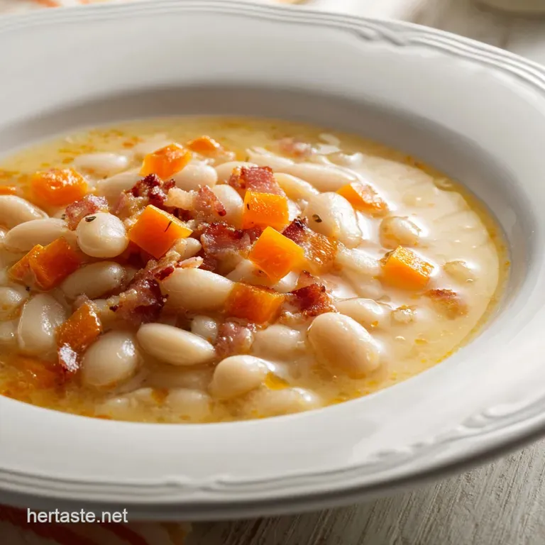 Rustic ceramic bowl of creamy white bean soup topped with a swirl of olive oil and a sprig of fresh parsley.