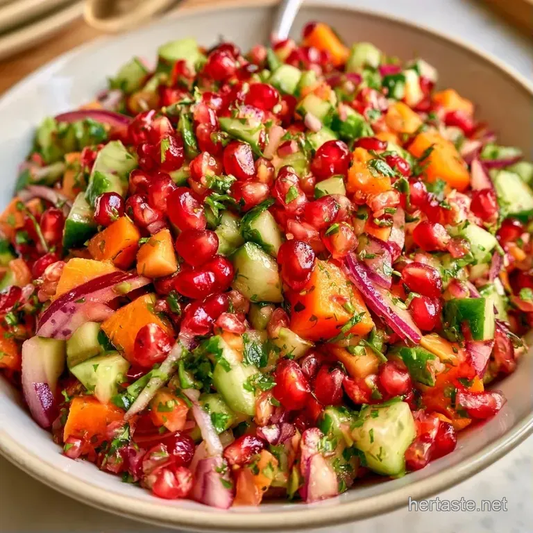 Colorful medley of ruby pomegranate seeds and crisp diced vegetables served elegantly on a rustic stone platter.