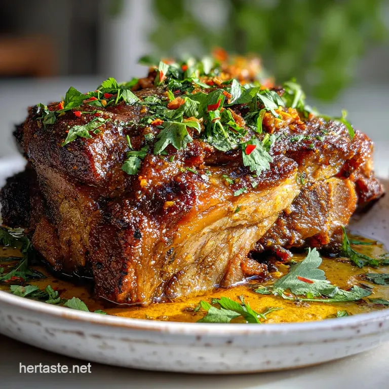 Plated portion of pulled pork with a side of creamy coleslaw, a drizzle of barbecue sauce, and a crispy pickle, inviting a...
