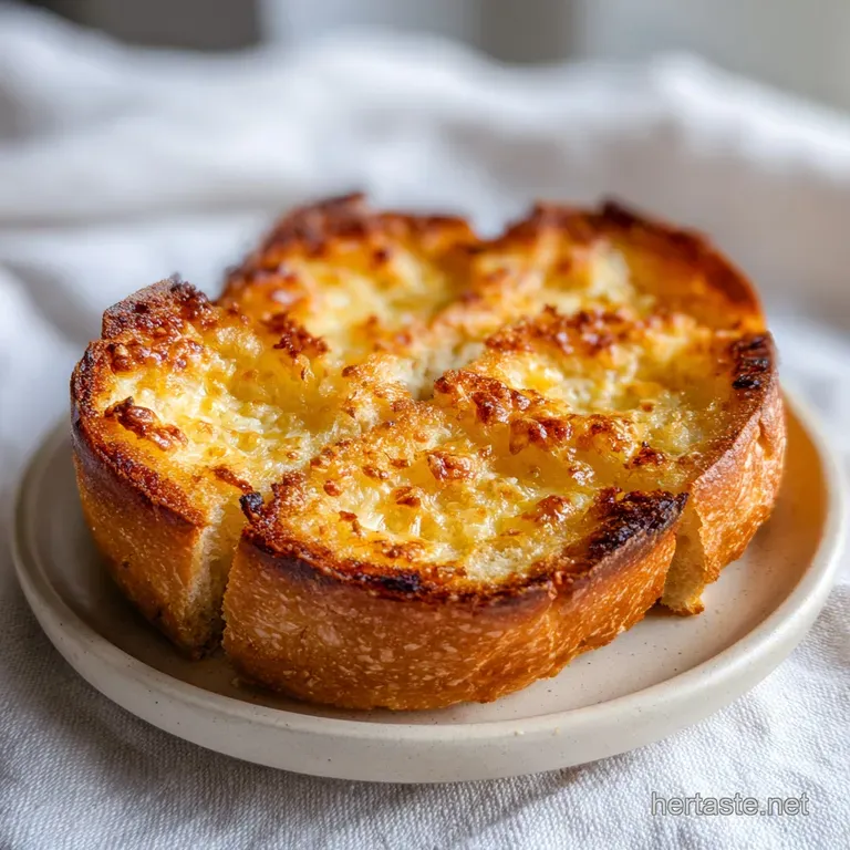 Warm, toasted garlic bread slices stacked on a white ceramic platter and garnished with fresh green parsley.