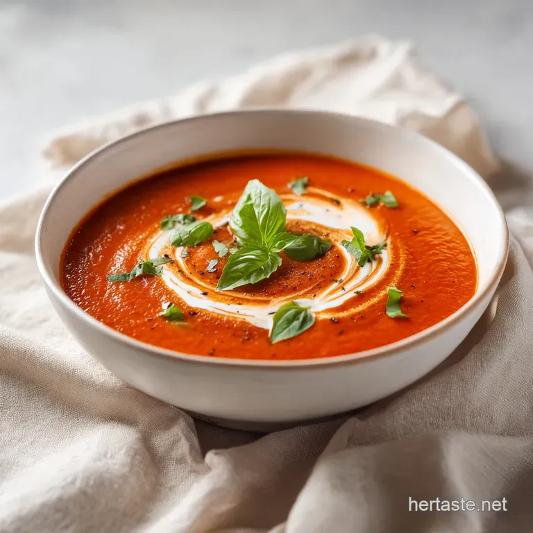 Rich orange-red creamy soup in a white porcelain bowl, garnished with a swirl of cream and toasted golden croutons