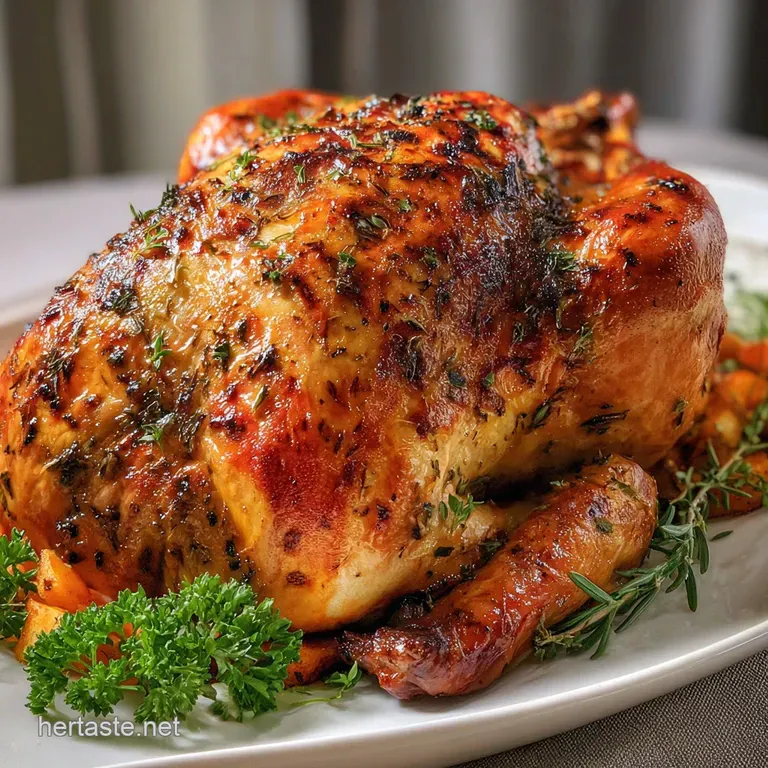 Slices of juicy turkey breast with crisp skin are artfully arranged on a plate, complemented by a vibrant green sprig of r...