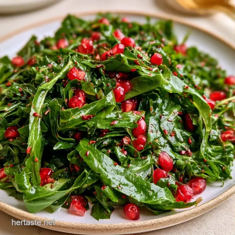 Dark green massaged kale topped with jewel-toned red pomegranate seeds on a white plate with a side of lemon.