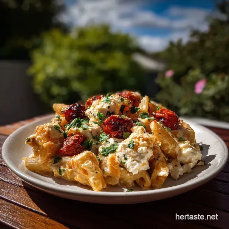 Creamy baked feta pasta with vibrant red tomatoes, blistered edges, and fresh basil garnish. A rich, low-carb delight.