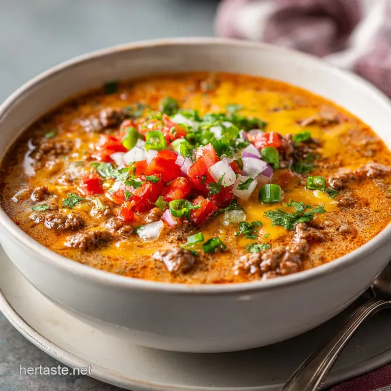 A steaming bowl of cheeseburger soup, garnished with chopped tomatoes and dill, resting on a dark wooden table.