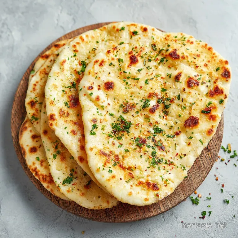 Warm, golden flatbread triangles artfully arranged on a rustic wooden board, with vibrant green herbs sprinkled on top. Si...