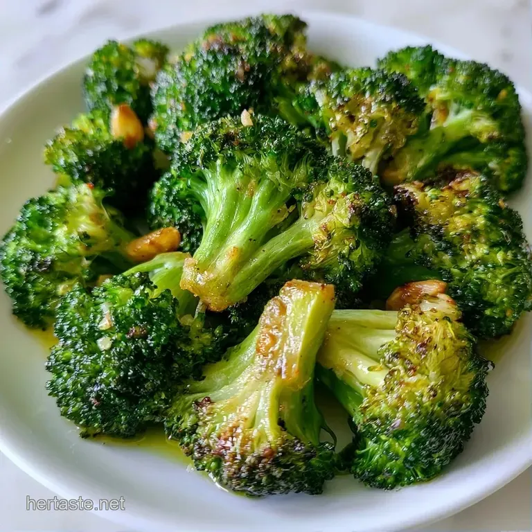 Charred broccoli florets neatly piled on a white plate, garnished with thin lemon slices and red pepper flakes.