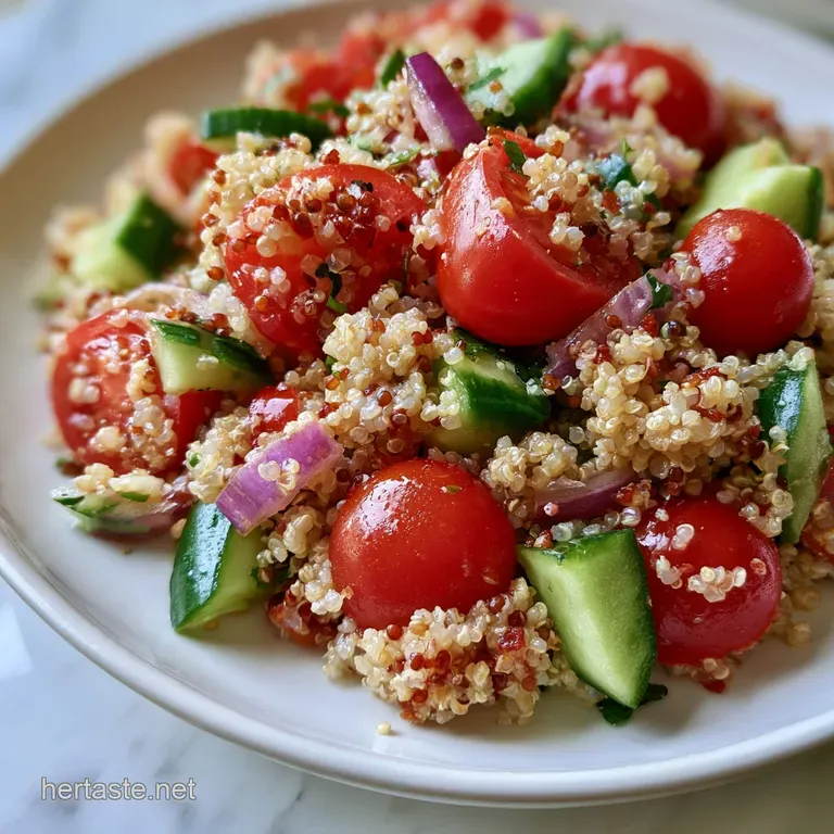 Vibrant quinoa salad in a wide white bowl, garnished with lemon wedges and fresh herbs on a light linen tablecloth.