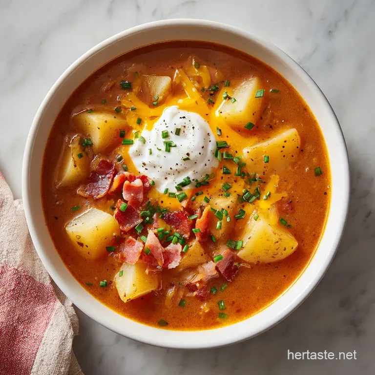 A rustic bowl of steaming potato soup, swirled with sour cream and garnished with fresh chives and a sprinkle of paprika.