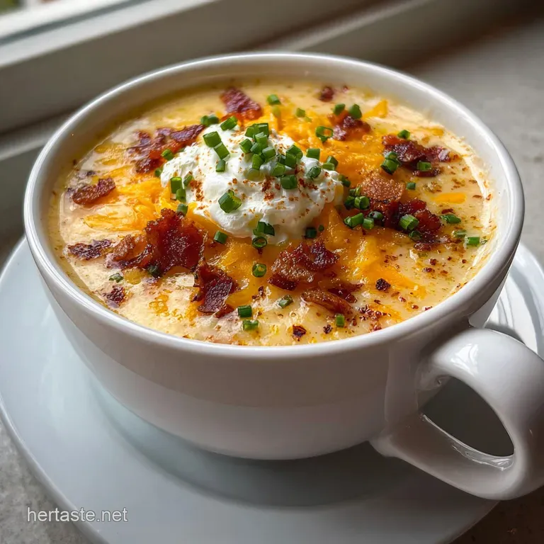 Elegant bowl of loaded baked potato soup, garnished with crisp bacon, fresh chives, and a dollop of creamy sour cream.