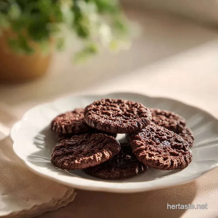 An artful arrangement of dark chocolate lace cookies dusted with powdered sugar on a white plate.