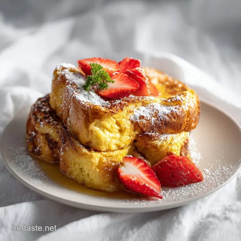Slice of creamy, golden French toast bake on a plate, topped with berries and powdered sugar, enticing steam rises gently.