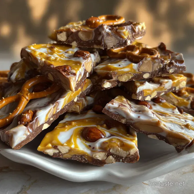 The Ultimate Marbled Peanut and Pretzel Bark presentation