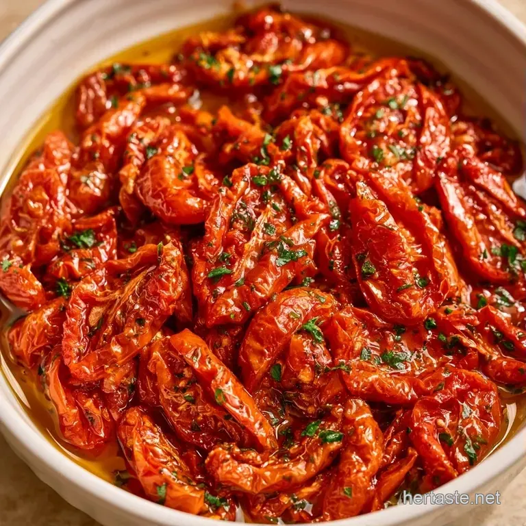 Crimson dried tomatoes artfully arranged on a rustic wooden board alongside crusty bread and a sprig of fresh rosemary.