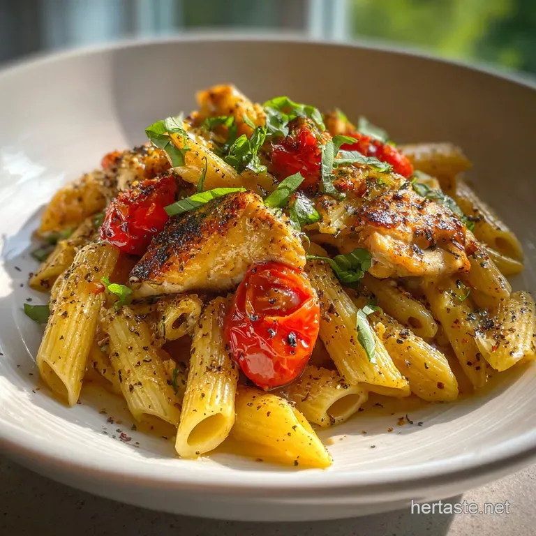Elegant plate of creamy chicken pasta, garnished with vibrant parsley. Steam rises, promising warmth and flavor.