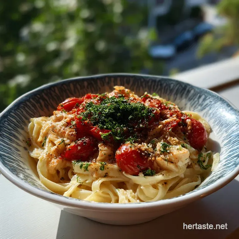 Elegant plate of twirled pasta, coated in a rich sauce, brightened by fresh basil and a dusting of parmesan. Comfort on a ...