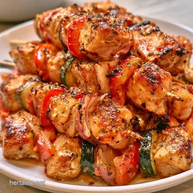 Golden-brown grilled meat cubes on skewers served alongside a dollop of thick white yogurt sauce topped with dill.