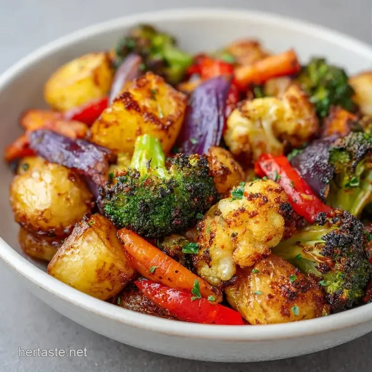 Neatly stacked roasted root vegetables with charred edges and a sprinkle of fresh green herbs on a white plate.