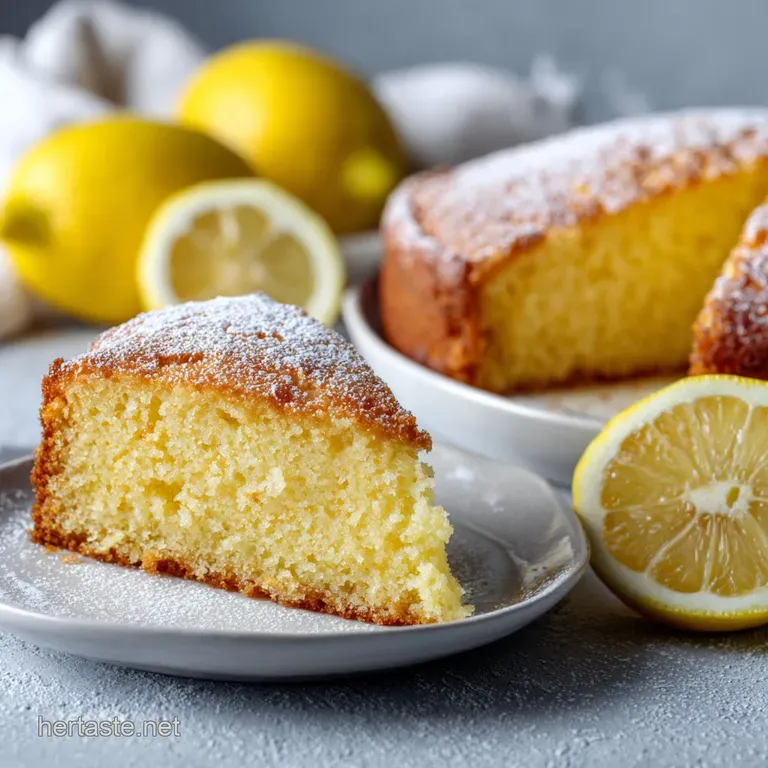 A slice of moist lemon cake artfully arranged with a swirl of whipped cream and candied lemon peel.