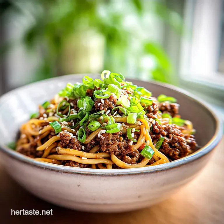 Plated Mongolian beef noodles, glossy and rich, with bright scallions adding a pop of color against a dark, speckled stone...