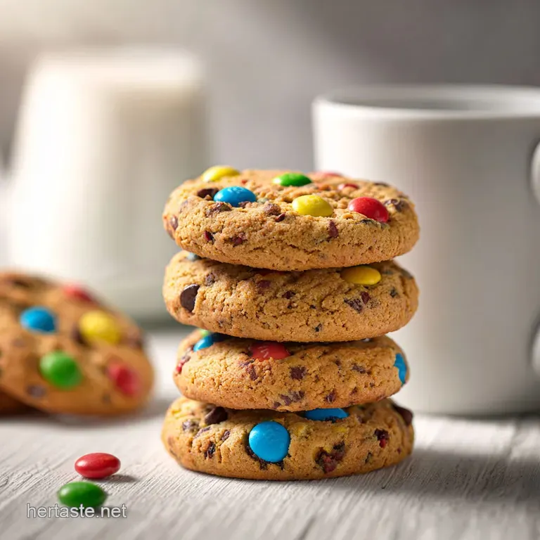 Three monster cookie protein balls stacked on a small white plate, dusted with powdered sugar. Chewy, oat-filled, colorful...