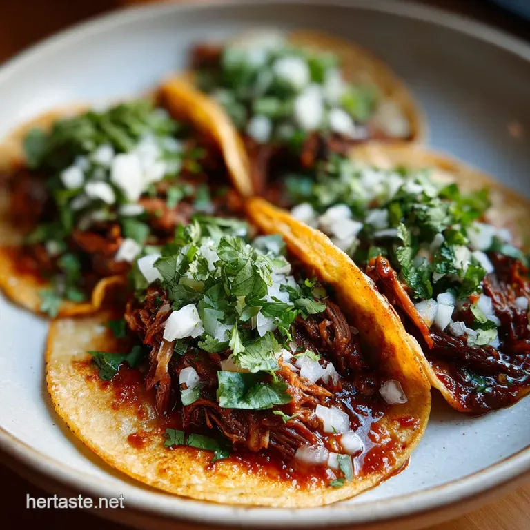 Close-up of a birria taco dipped in consomm&eacute;. Rich red broth clings to the dripping, savory filling.