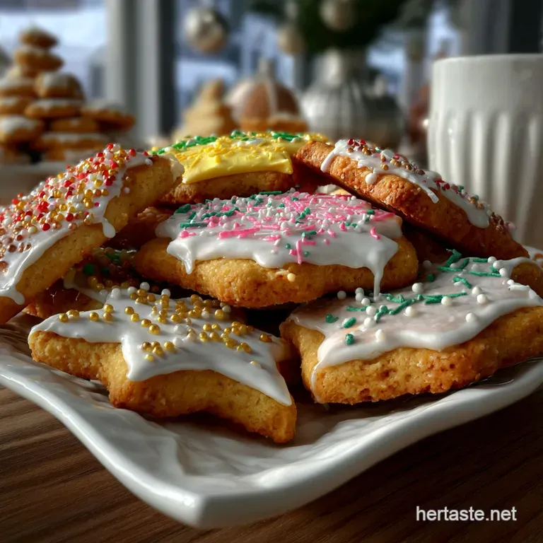 Close-up of a frosted cookie, swirled icing, with a crisp, inviting texture. The plate sets the stage for a sweet treat.
