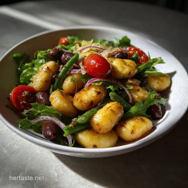 Artfully arranged gnocchi salad, showcasing seared tuna atop a bed of greens, scattered olives, and perfectly roasted toma...
