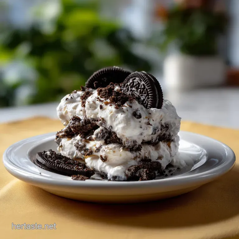 Creamy white dessert, fluffy and light, layered with dark chocolate cookie crumbles. Garnished with a single, elegant Oreo.