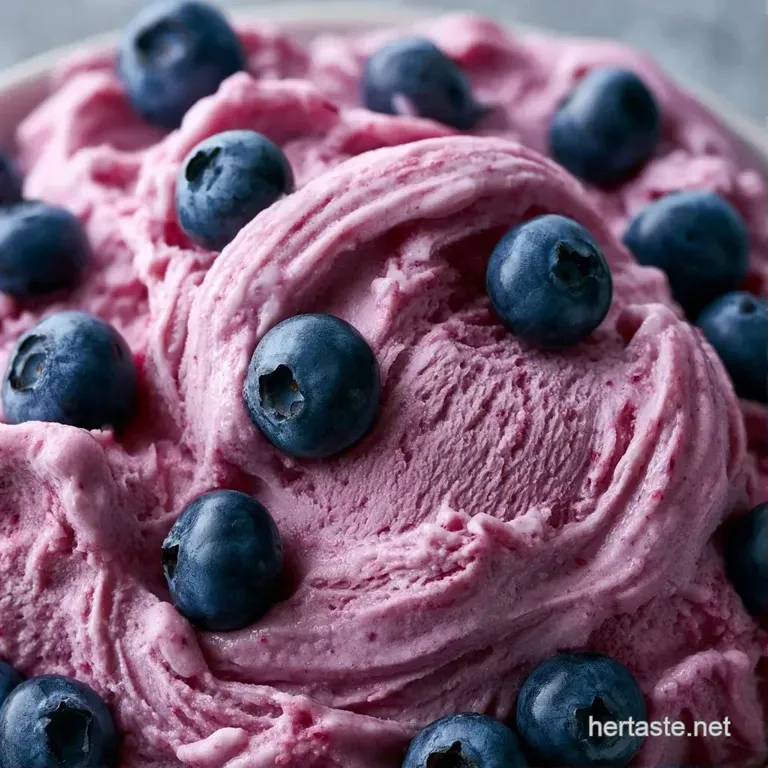 Elegant scoops of violet-hued ice cream topped with a fresh mint leaf and glossy berry syrup in a glass coupe.