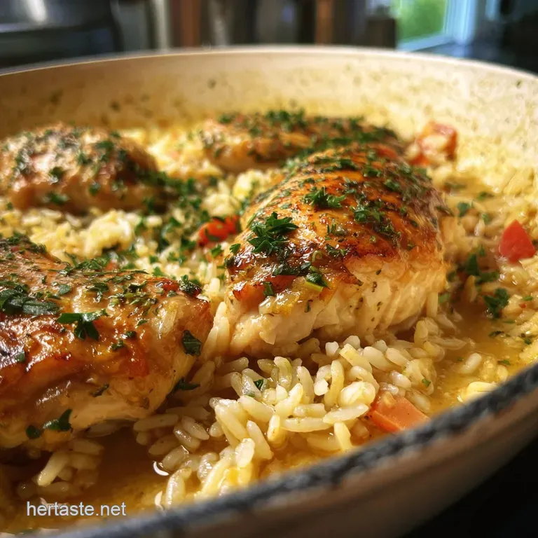 A portion of chicken and rice, plated with vibrant green herbs, steam rising, implying a warm, comforting meal.