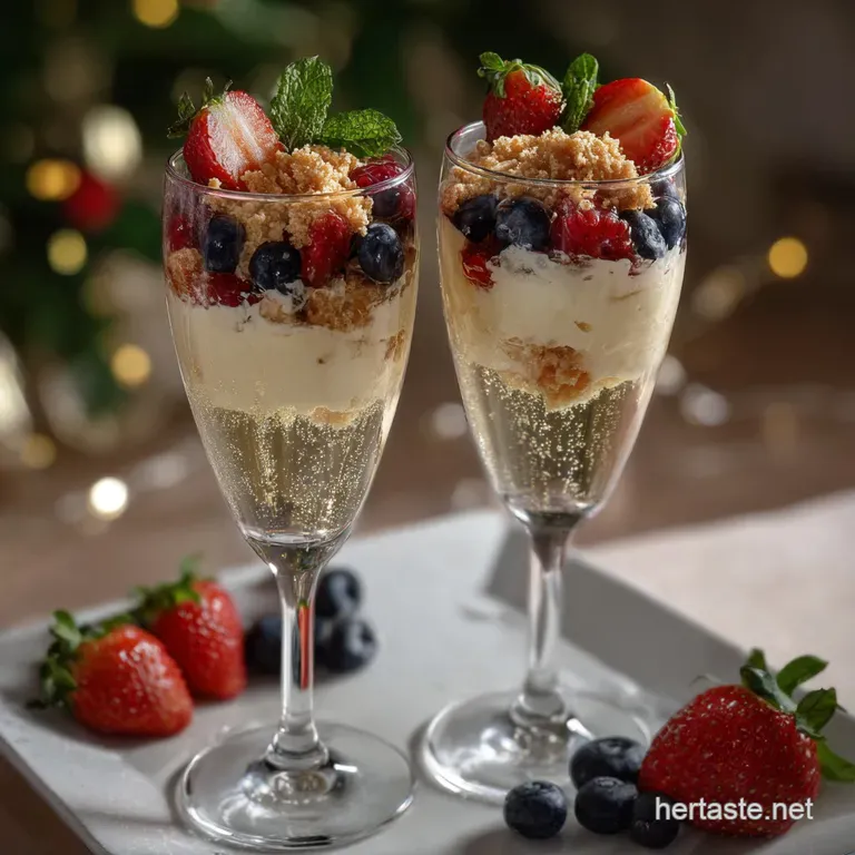 Layered dessert parfaits in clear glasses, showcasing creamy sabayon, vibrant fruit, and crunchy cookie crumbles. An elega...