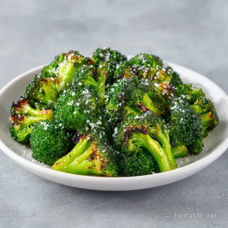 Vibrant green roasted florets piled high on a white porcelain plate, topped with fresh lemon zest and flaky salt.