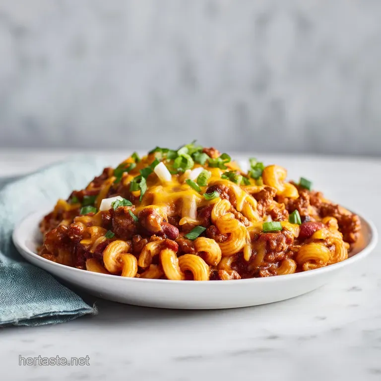 A generous portion of hearty chili mac piled high in a rustic bowl, garnished with a dollop of sour cream and fresh herbs.