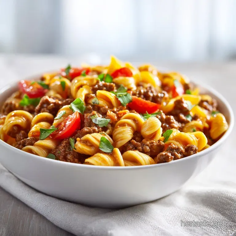 A generous portion of savory taco pasta, swirled with cheese and topped with a dollop of cool sour cream.