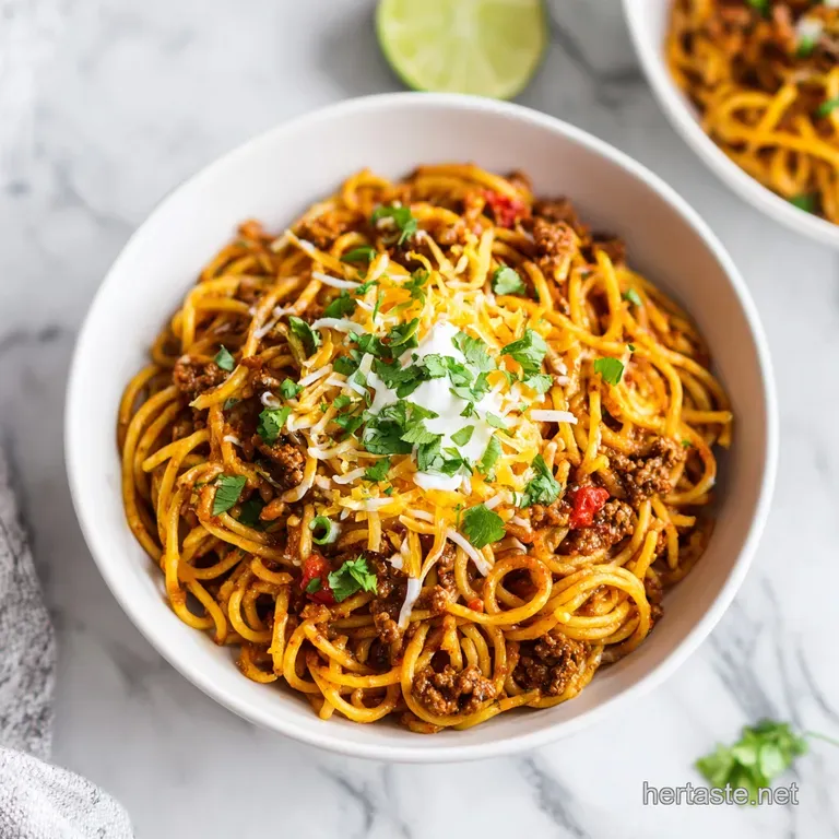 A generous swirl of taco spaghetti, glistening with sauce, topped with a dollop of sour cream and fresh lime wedges.