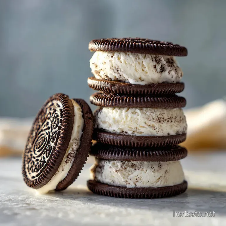 Elegant stack of Oreo ice cream biscuits on a small dessert plate, dusted with cocoa powder. Melty, decadent treat.