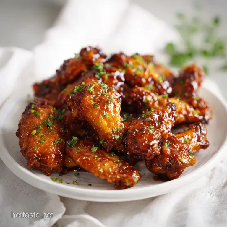 Beautifully arranged BBQ chicken wings with vibrant red sauce, scattered with fresh green herbs on a white plate.