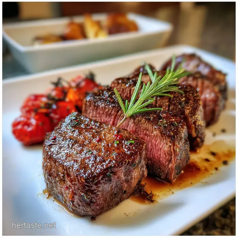 Slices of tender steak artfully arranged with roasted potatoes, asparagus, and a rich, glistening pan sauce drizzle.