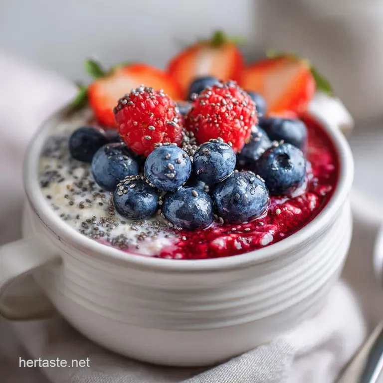 Elegant glass jar filled with layered overnight oats, bright berries, and sprinkled chia seeds, ready for a quick, healthy...