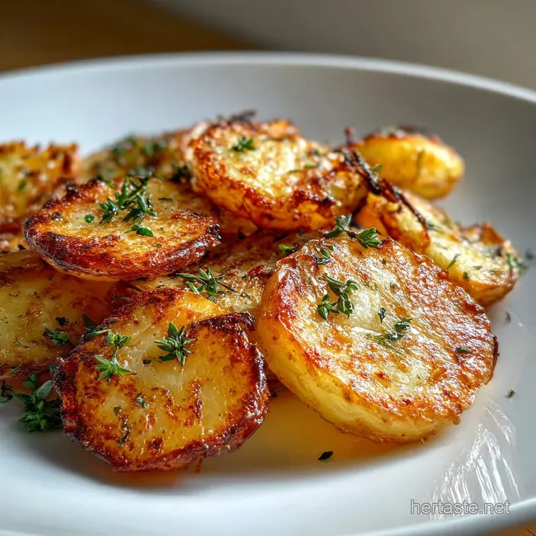 Close-up of neatly arranged, golden-crisped potatoes sprinkled with fresh herbs, served on a rustic ceramic plate.