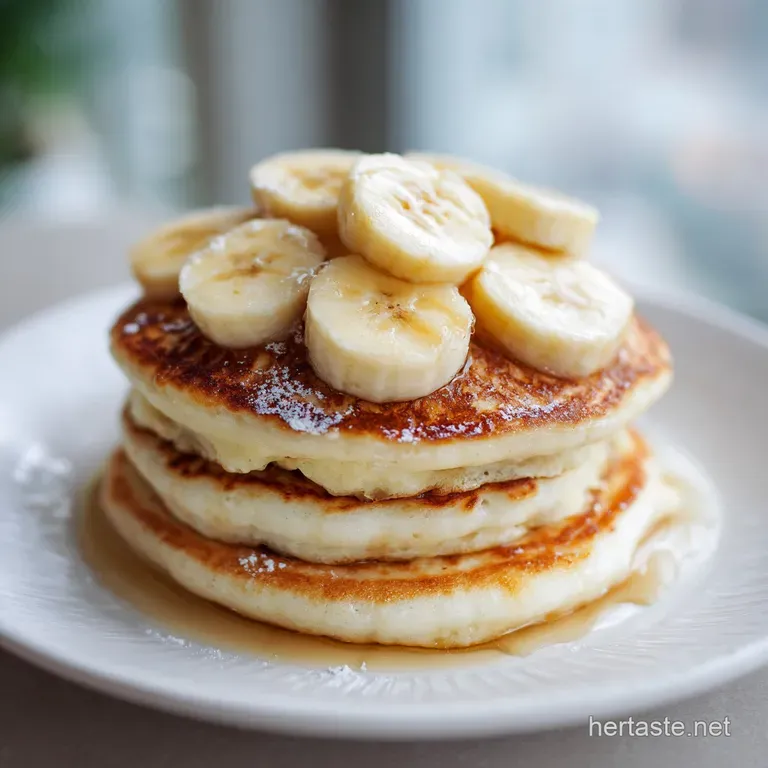 Fluffy pancakes artfully arranged with caramelized banana, chopped walnuts, and a swirl of whipped cream on a white plate.